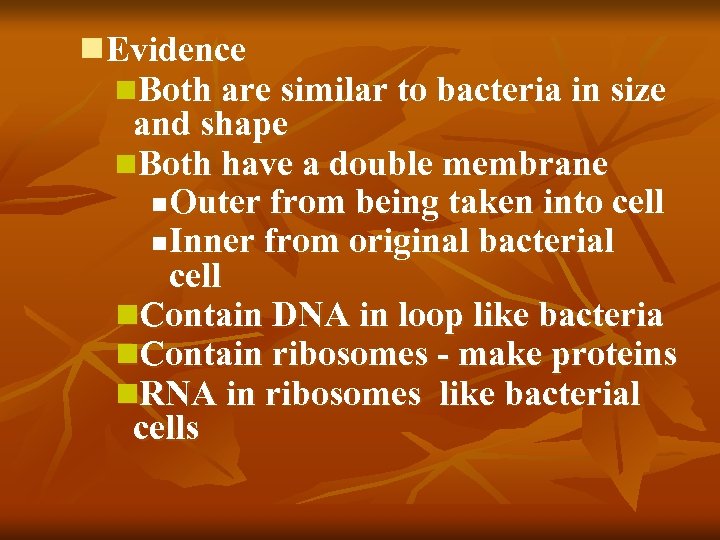 n. Evidence n. Both are similar to bacteria in size and shape n. Both