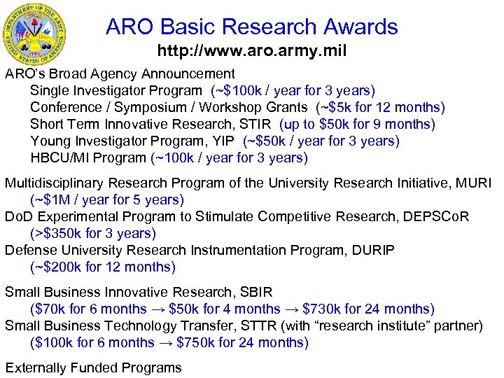 ARO Basic Research Awards http: //www. aro. army. mil ARO’s Broad Agency Announcement Single
