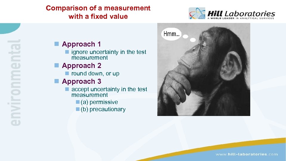 Comparison of a measurement with a fixed value n Approach 1 n ignore uncertainty