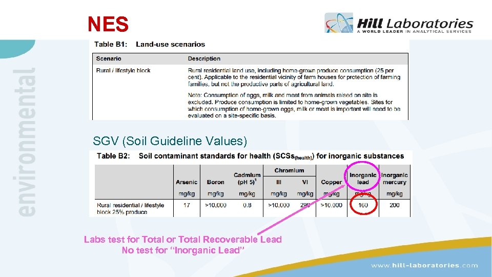 NES SGV (Soil Guideline Values) Labs test for Total Recoverable Lead No test for