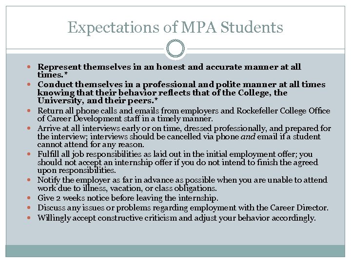 Expectations of MPA Students Represent themselves in an honest and accurate manner at all