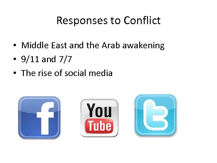 Responses to Conflict • Middle East and the Arab awakening • 9/11 and 7/7