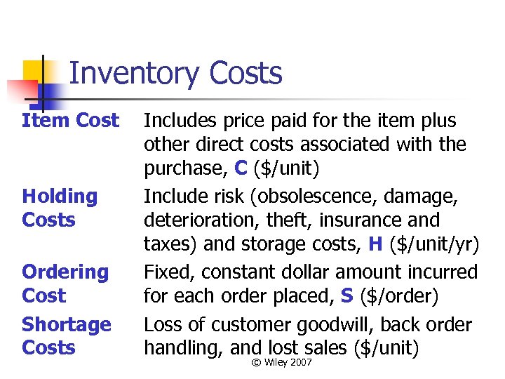 Inventory Costs Item Cost Holding Costs Ordering Cost Shortage Costs Includes price paid for