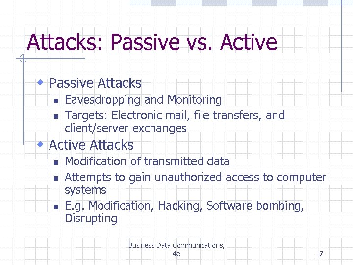 Attacks: Passive vs. Active w Passive Attacks n n Eavesdropping and Monitoring Targets: Electronic