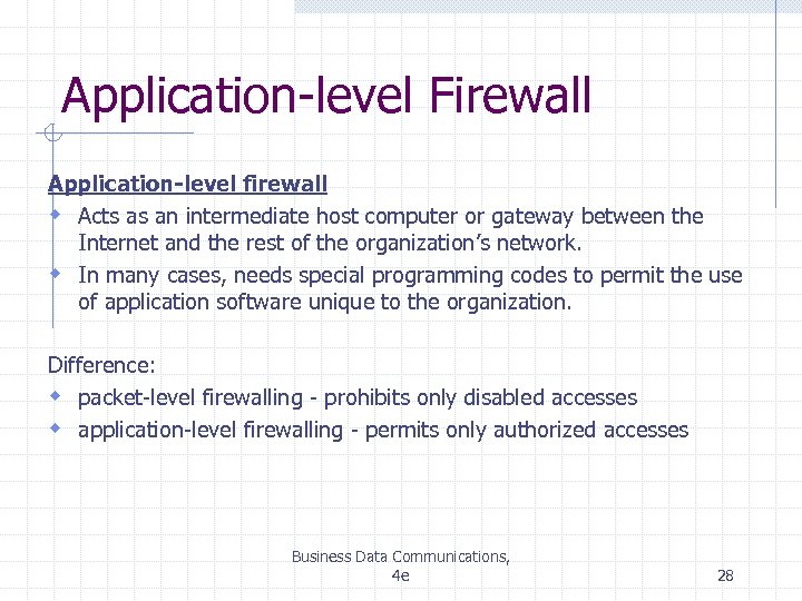 Application-level Firewall Application-level firewall w Acts as an intermediate host computer or gateway between
