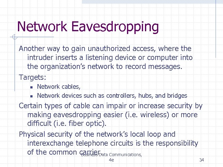 Network Eavesdropping Another way to gain unauthorized access, where the intruder inserts a listening