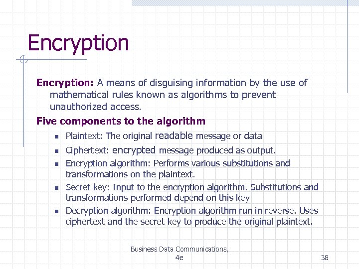 Encryption: A means of disguising information by the use of mathematical rules known as