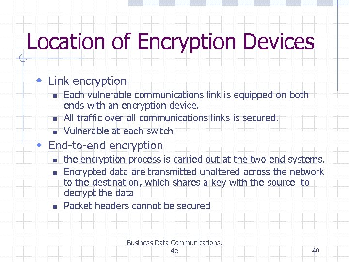 Location of Encryption Devices w Link encryption n Each vulnerable communications link is equipped
