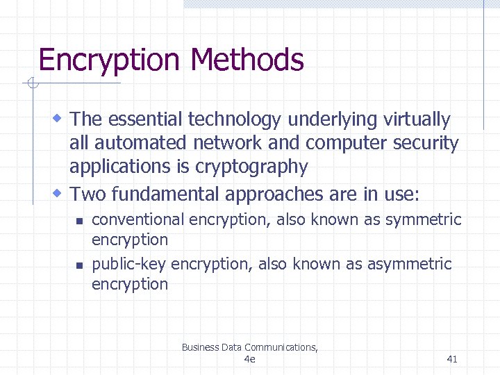 Encryption Methods w The essential technology underlying virtually all automated network and computer security