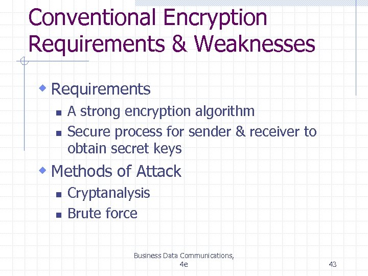 Conventional Encryption Requirements & Weaknesses w Requirements n n A strong encryption algorithm Secure