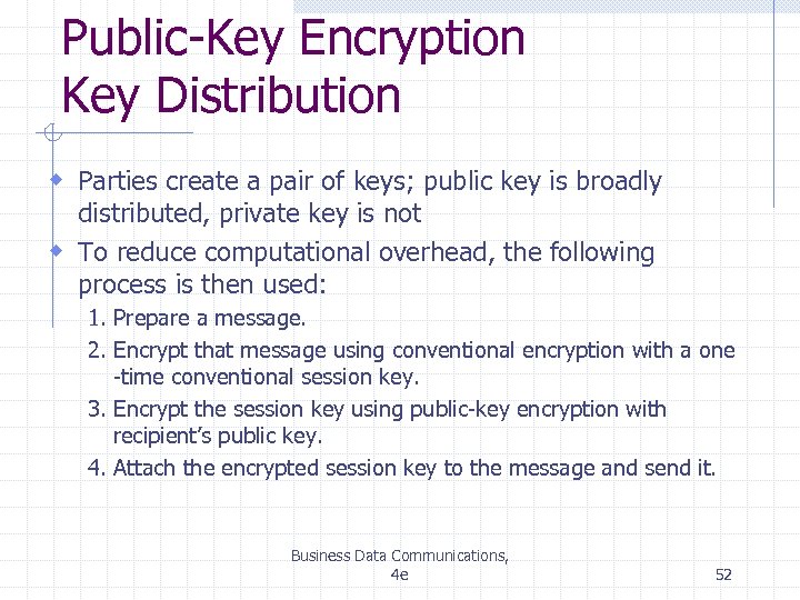 Public-Key Encryption Key Distribution w Parties create a pair of keys; public key is