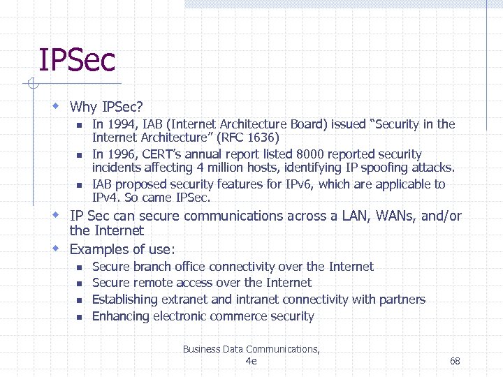 IPSec w Why IPSec? n n n In 1994, IAB (Internet Architecture Board) issued