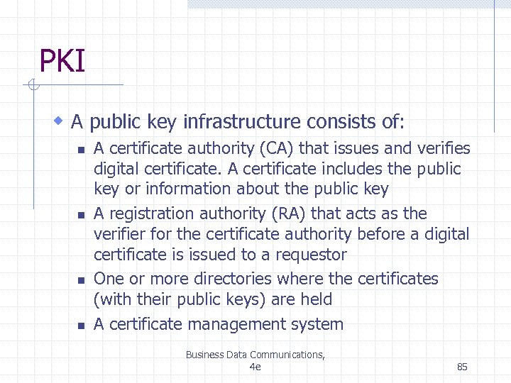 PKI w A public key infrastructure consists of: n n A certificate authority (CA)