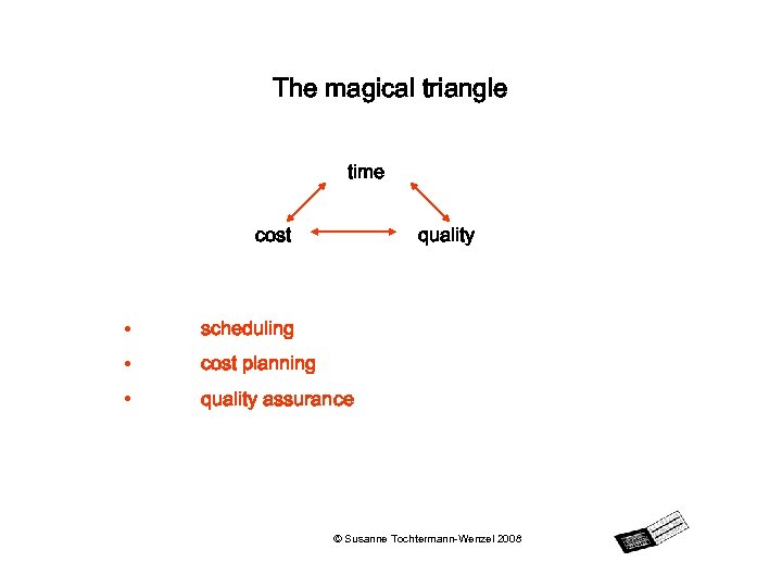 The magical triangle time cost quality • scheduling • cost planning • quality assurance