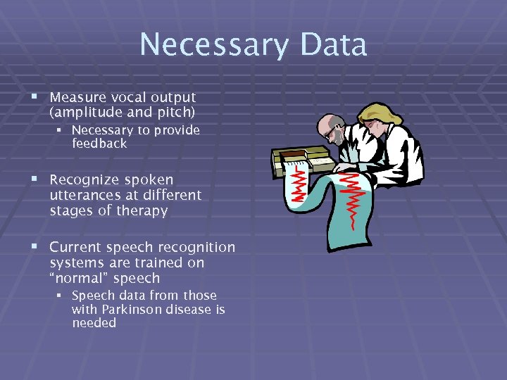 Necessary Data § Measure vocal output (amplitude and pitch) § Necessary to provide feedback