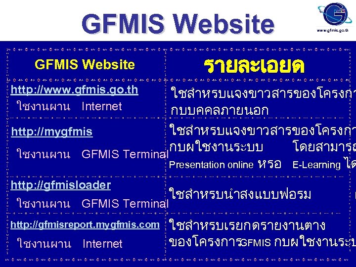 GFMIS Website www. gfmis. go. th รายละเอยด http: //www. gfmis. go. th ใชงานผาน Internet