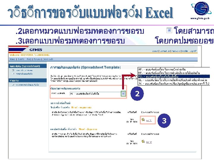 www. gfmis. go. th . 2เลอกหมวดแบบฟอรมทตองการขอรบ โดยสามารถ . 3เลอกแบบฟอรมทตองการขอรบ โดยกดปมชอยอขอ 2 3 