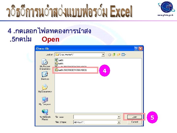 www. gfmis. go. th 4. กดเลอกไฟลทตองการนำสง . 5กดปม Open 4 5 