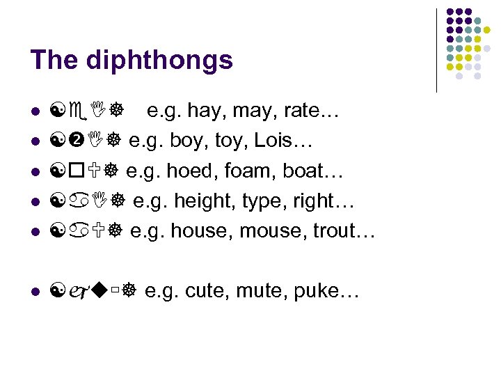 The diphthongs [ ] e. g. hay, may, rate… [ ] e. g. boy,