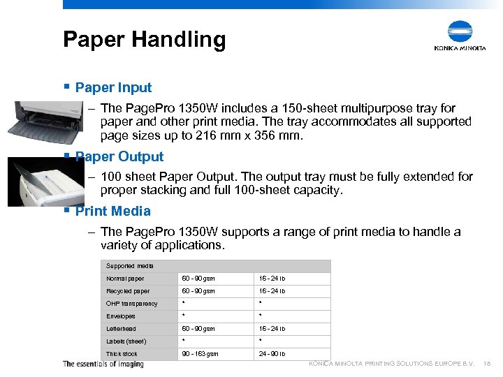 Paper Handling § Paper Input – The Page. Pro 1350 W includes a 150