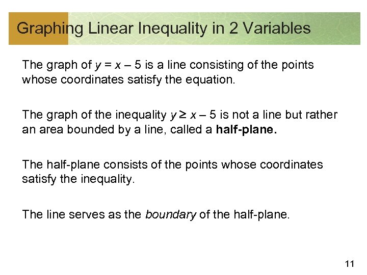 Graphing Linear Inequality in 2 Variables The graph of y = x – 5