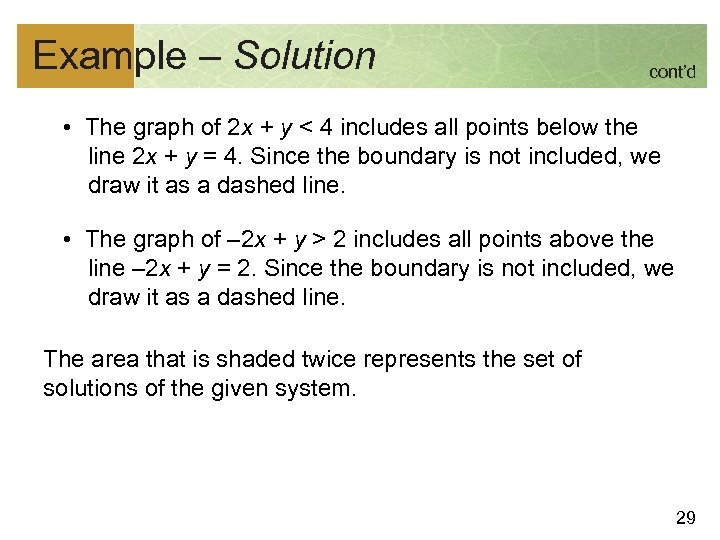 Example – Solution cont’d • The graph of 2 x + y < 4