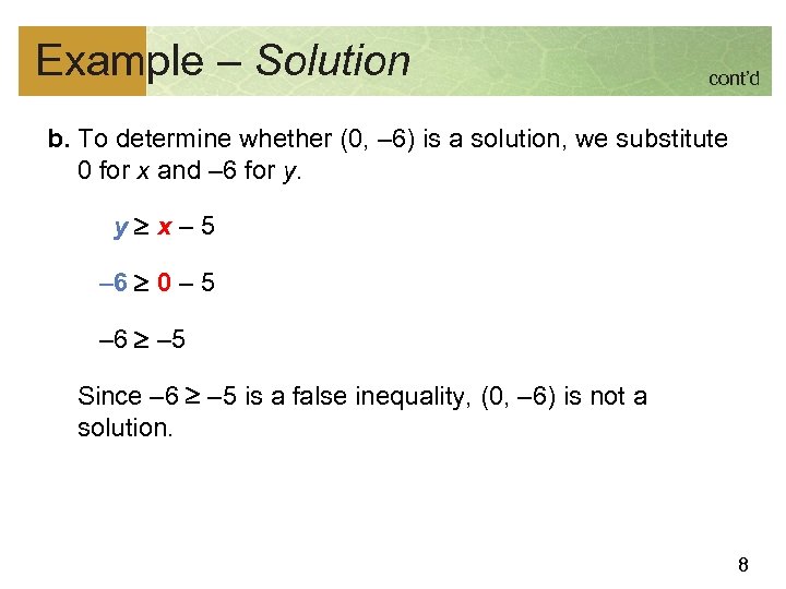 Example – Solution cont’d b. To determine whether (0, – 6) is a solution,
