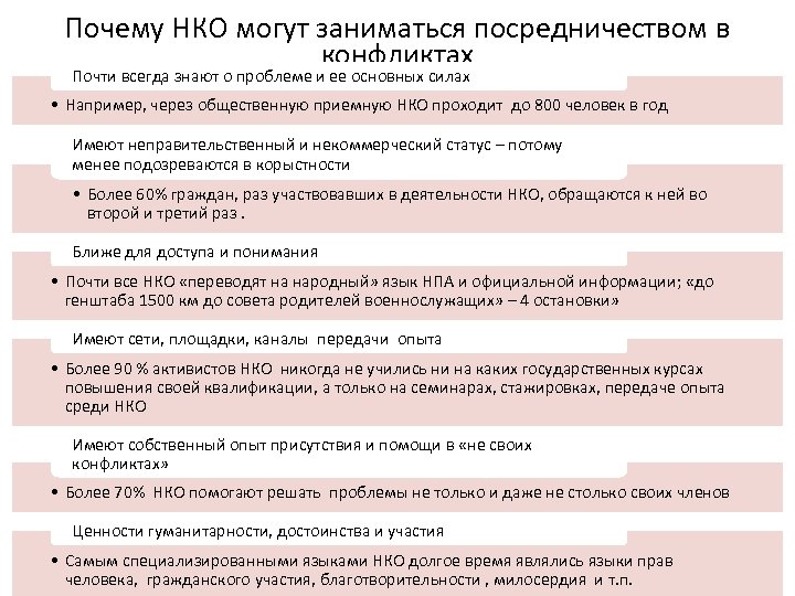 Почему НКО могут заниматься посредничеством в конфликтах Почти всегда знают о проблеме и ее