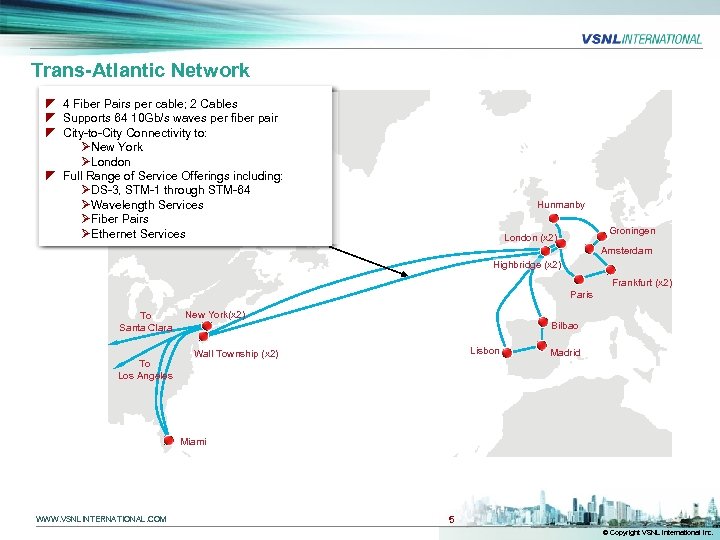 Trans-Atlantic Network z 4 Fiber Pairs per cable; 2 Cables z Supports 64 10