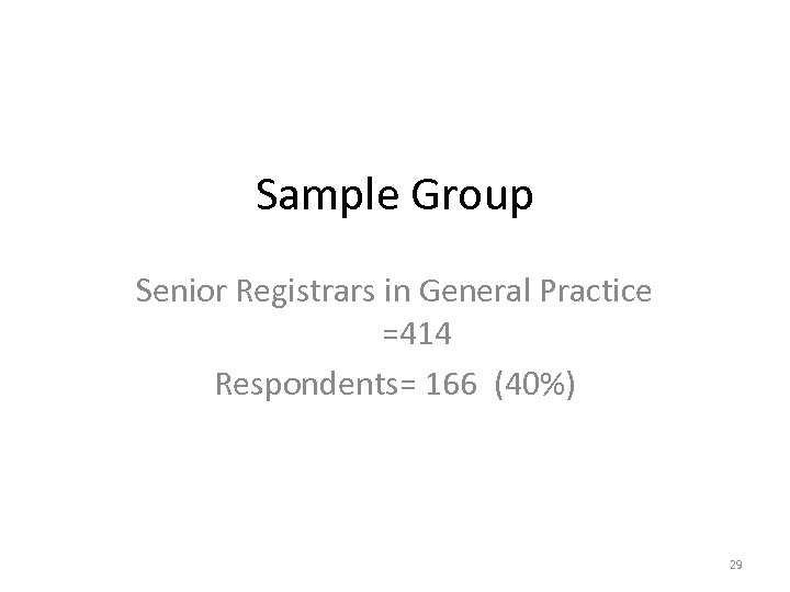 Sample Group Senior Registrars in General Practice =414 Respondents= 166 (40%) 29 