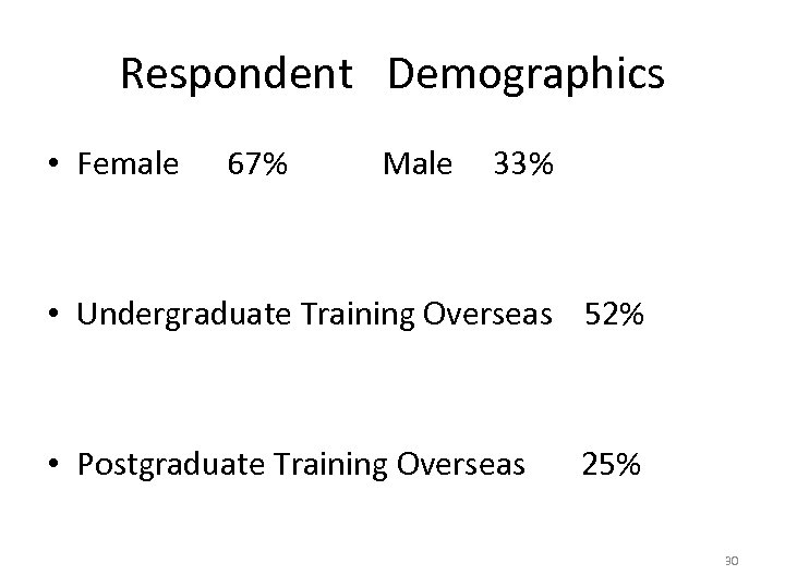 Respondent Demographics • Female 67% Male 33% • Undergraduate Training Overseas 52% • Postgraduate