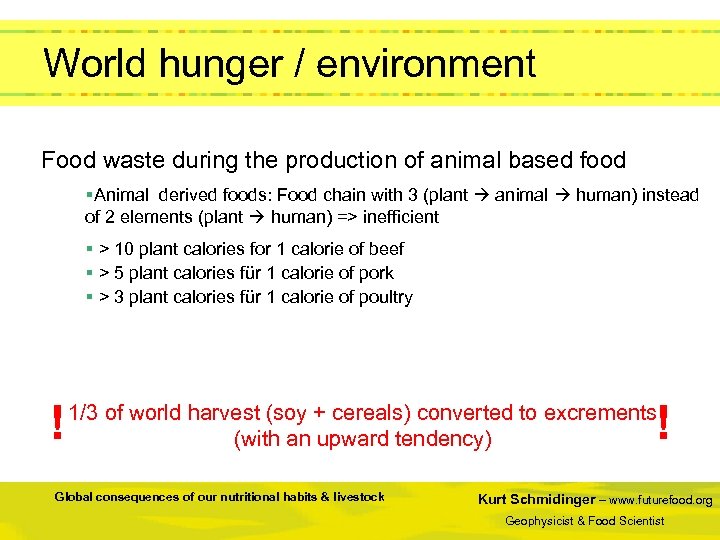  World hunger / environment Food waste during the production of animal based food