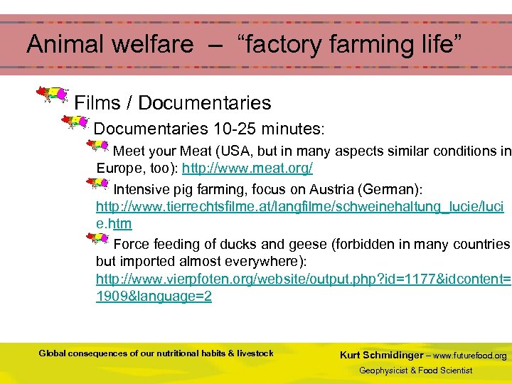  Animal welfare – “factory farming life” Films / Documentaries 10 -25 minutes: Meet