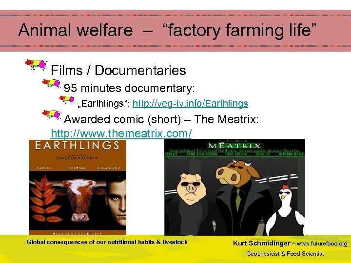  Animal welfare – “factory farming life” Films / Documentaries 95 minutes documentary: „Earthlings“: