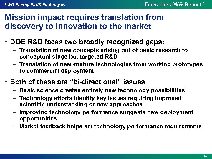LWG Energy Portfolio Analysis “From the LWG Report” Mission impact requires translation from discovery