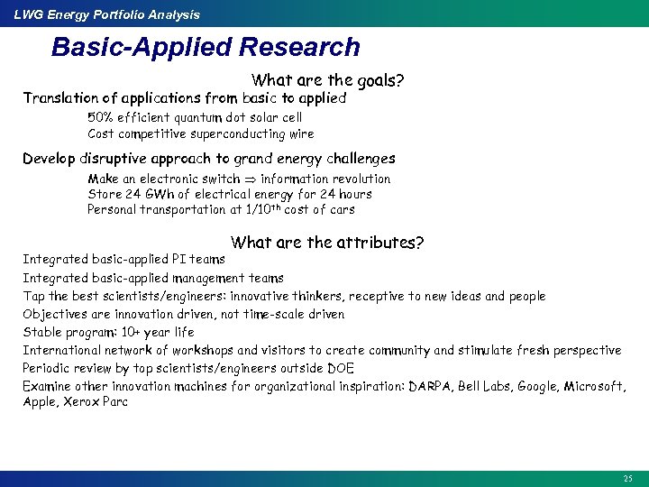 LWG Energy Portfolio Analysis Basic-Applied Research What are the goals? Translation of applications from