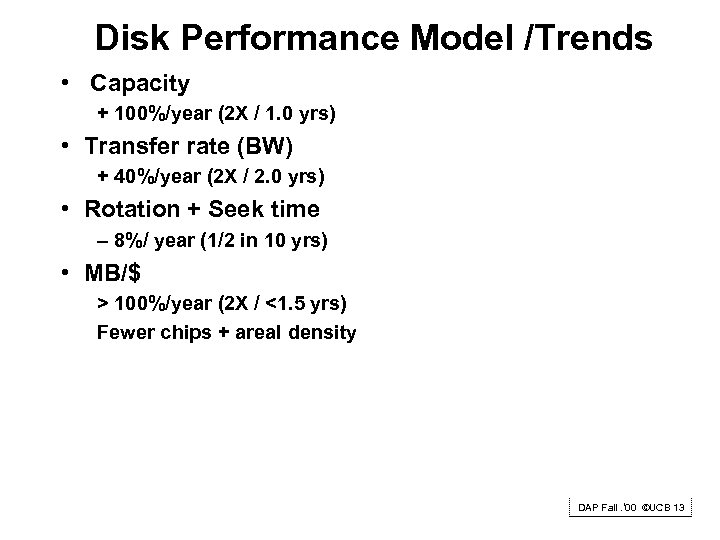 Disk Performance Model /Trends • Capacity + 100%/year (2 X / 1. 0 yrs)