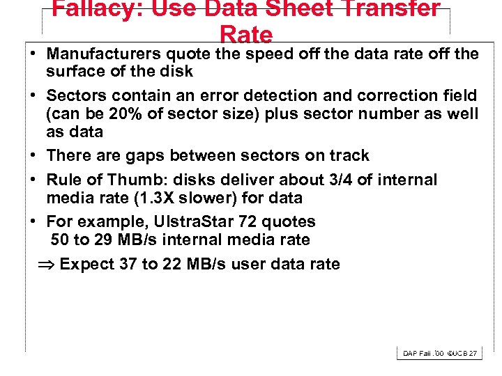 Fallacy: Use Data Sheet Transfer Rate • Manufacturers quote the speed off the data