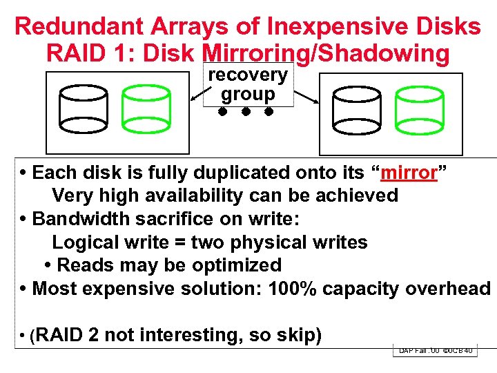 Redundant Arrays of Inexpensive Disks RAID 1: Disk Mirroring/Shadowing recovery group • Each disk
