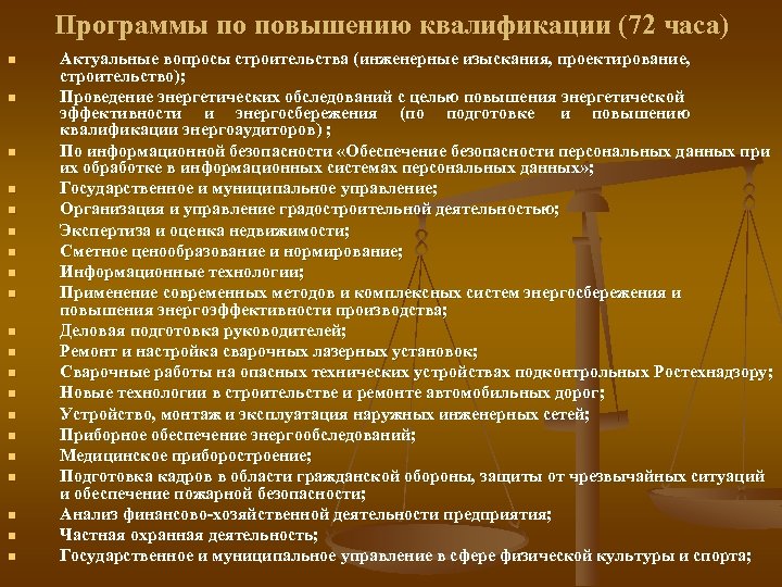 Программы по повышению квалификации (72 часа) n n n n n Актуальные вопросы строительства