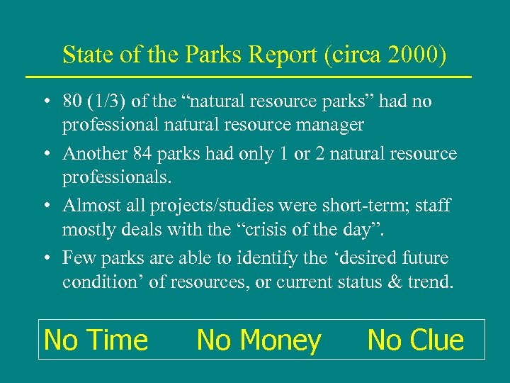 State of the Parks Report (circa 2000) • 80 (1/3) of the “natural resource