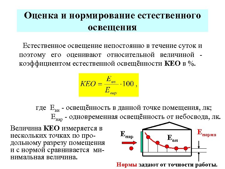 Оценка и нормирование естественного освещения Естественное освещение непостоянно в течение суток и поэтому его