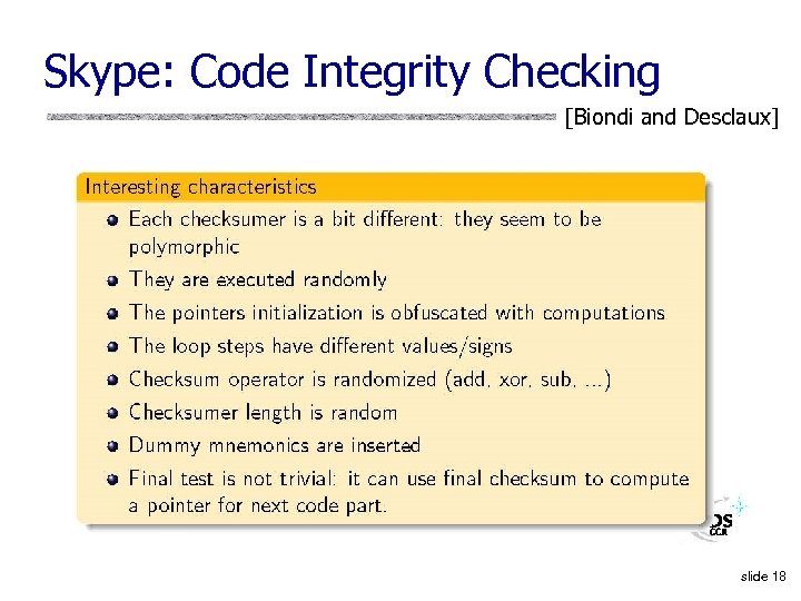 Skype: Code Integrity Checking [Biondi and Desclaux] slide 18 