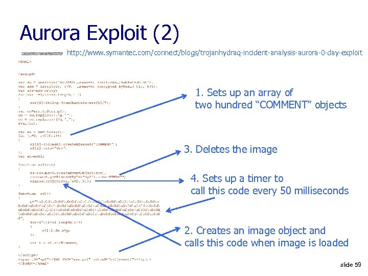 Aurora Exploit (2) http: //www. symantec. com/connect/blogs/trojanhydraq-incident-analysis-aurora-0 -day-exploit 1. Sets up an array of