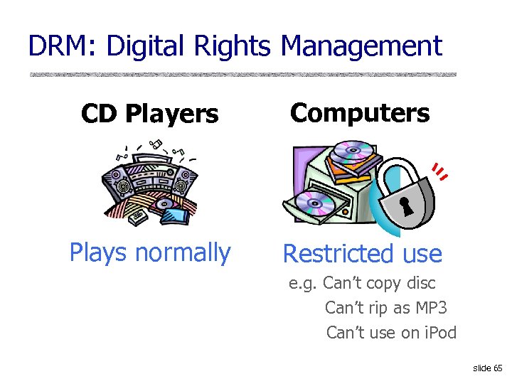DRM: Digital Rights Management CD Players Computers Plays normally Restricted use e. g. Can’t