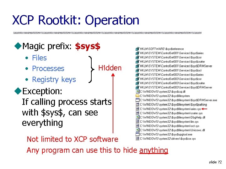 XCP Rootkit: Operation u. Magic prefix: $sys$ • Files • Processes • Registry keys