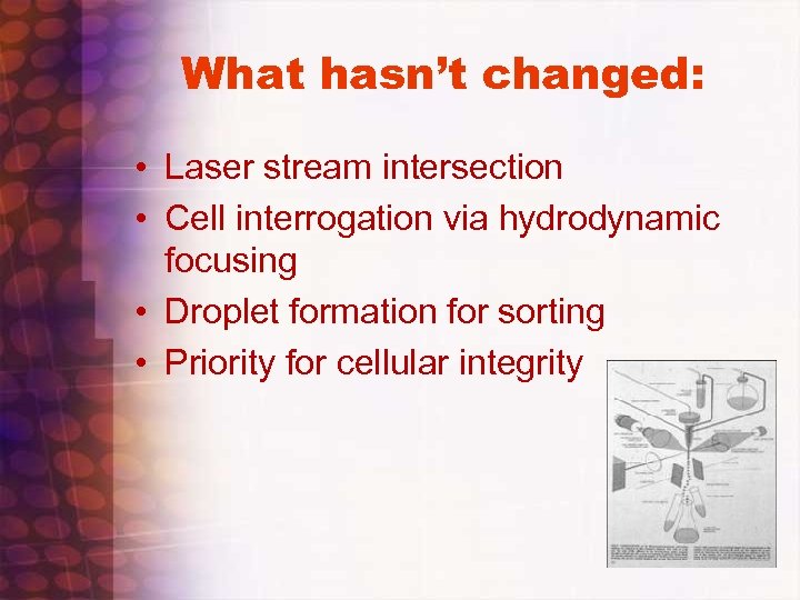 What hasn’t changed: • Laser stream intersection • Cell interrogation via hydrodynamic focusing •