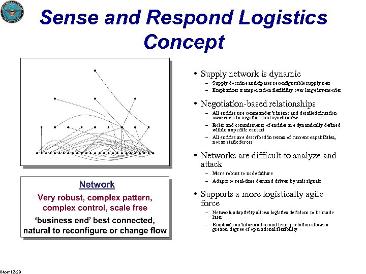 Sense and Respond Logistics Concept • Supply network is dynamic – Supply doctrine anticipates