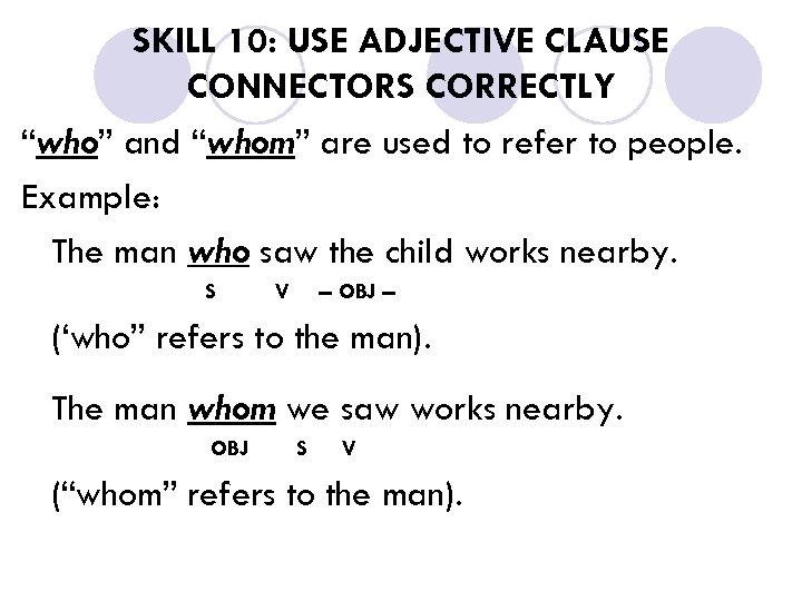 SKILL 10: USE ADJECTIVE CLAUSE CONNECTORS CORRECTLY “who” and “whom” are used to refer