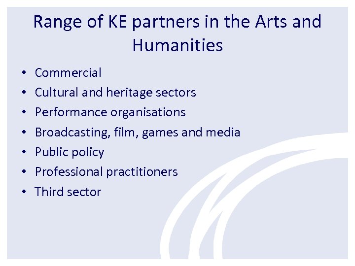 Range of KE partners in the Arts and Humanities • • Commercial Cultural and